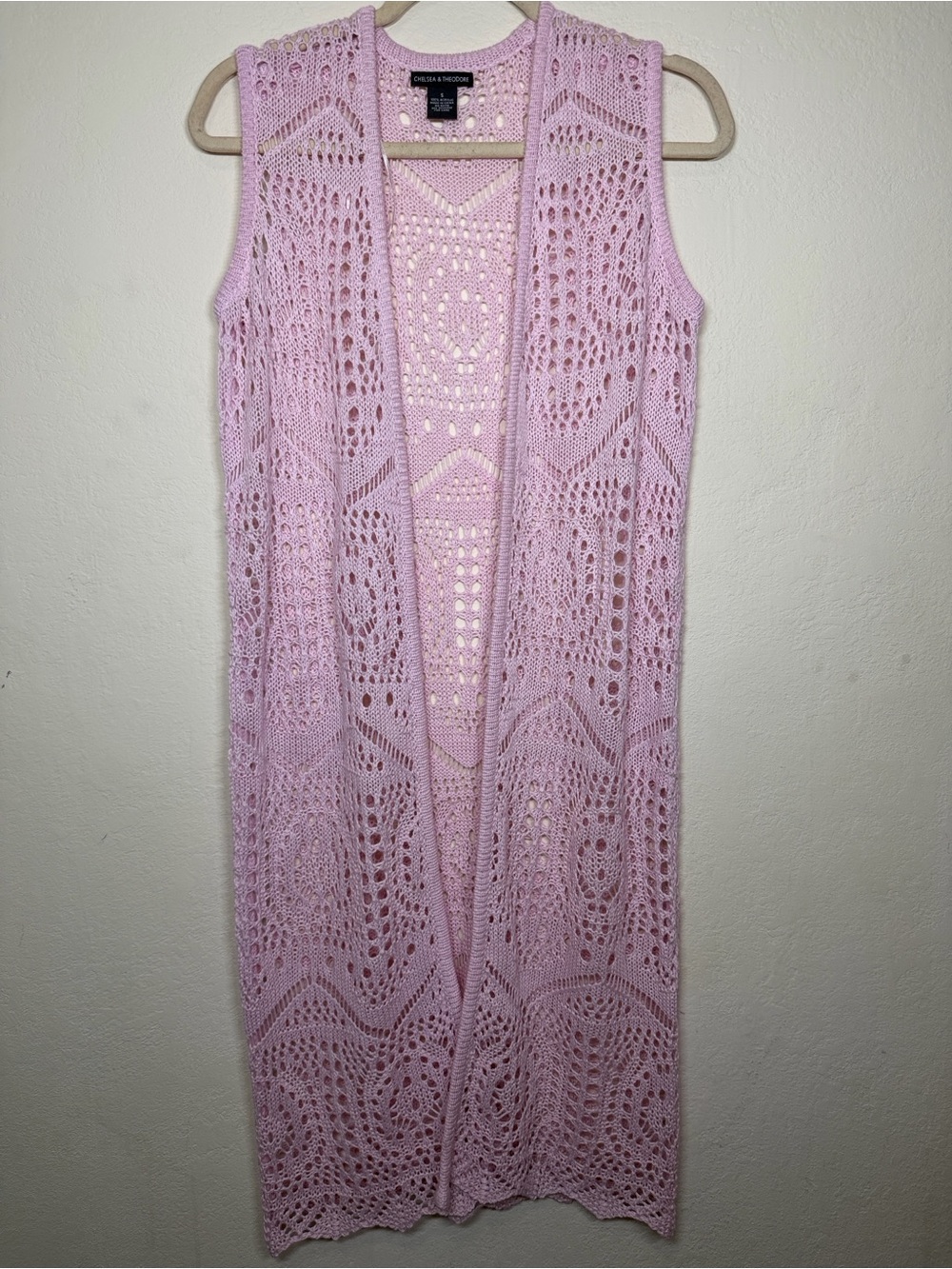 Chelsea & Theodore Lavender Pastel Lilac Crochet Long Vest Size small.